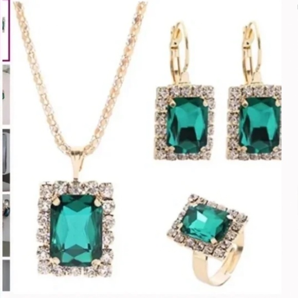 Jewelry Set -Emerald And Gold Necklace, Ring, Earrings - Picture 4 of 5